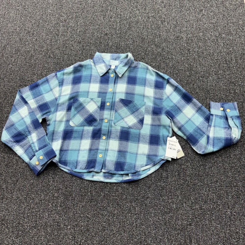 BP Lucie Plaid Flannel Cropped Shirt Womens XS Blue NEW